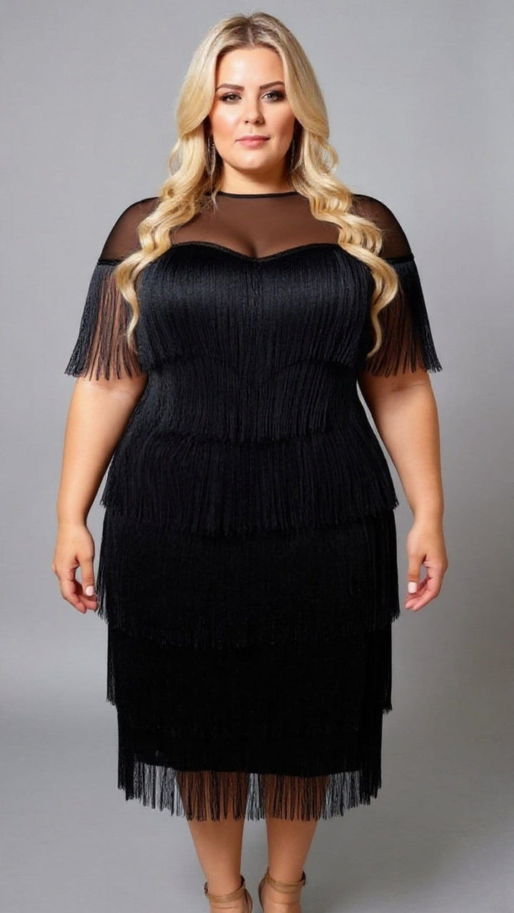 Plus Size Summer Mesh Splice Tassel Trim Bodycon Dress – Elegant Cruise & Party Outfit