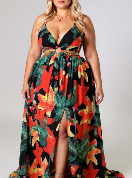 KISSICON Plus Size Summer Printed V-Neck Spaghetti Strap Dress – Casual Beach Holiday Style