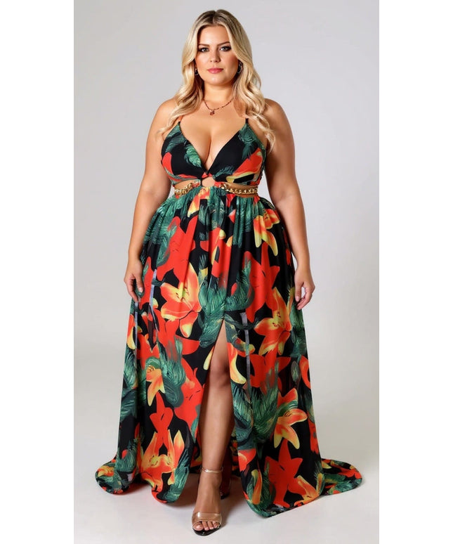 KISSICON Plus Size Summer Printed V-Neck Spaghetti Strap Dress – Casual Beach Holiday Style