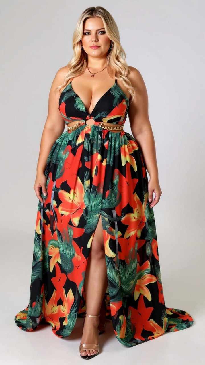 Plus Size Summer Printed V-Neck Spaghetti Strap Dress – Casual Beach Holiday Style