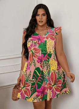 KissICON Plus Size Summer Vacation Dress for Women Casual Floral Print V Neck Curve Clothing Butterfly Sleeve Dresses