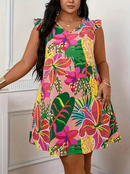 KissICON Plus Size Summer Vacation Dress for Women Casual Floral Print V Neck Curve Clothing Butterfly Sleeve Dresses