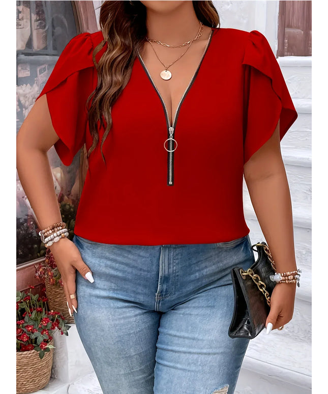 KissICON Plus Size Summer Women Elegant Zipper Chiffon Blouses Shirt Casual Office Lady Sollid Tops V Neck Female Clothing
