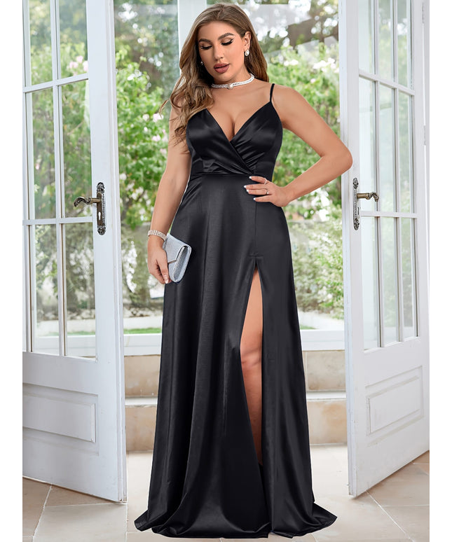 jkthpu-45 Plus Size Surplice Neck Cami Dress, Elegant Floor Length Backless Solid Color Split Side Dress for Party & Banquet, Women's Wedding Occasion Engagement Party Ceremony