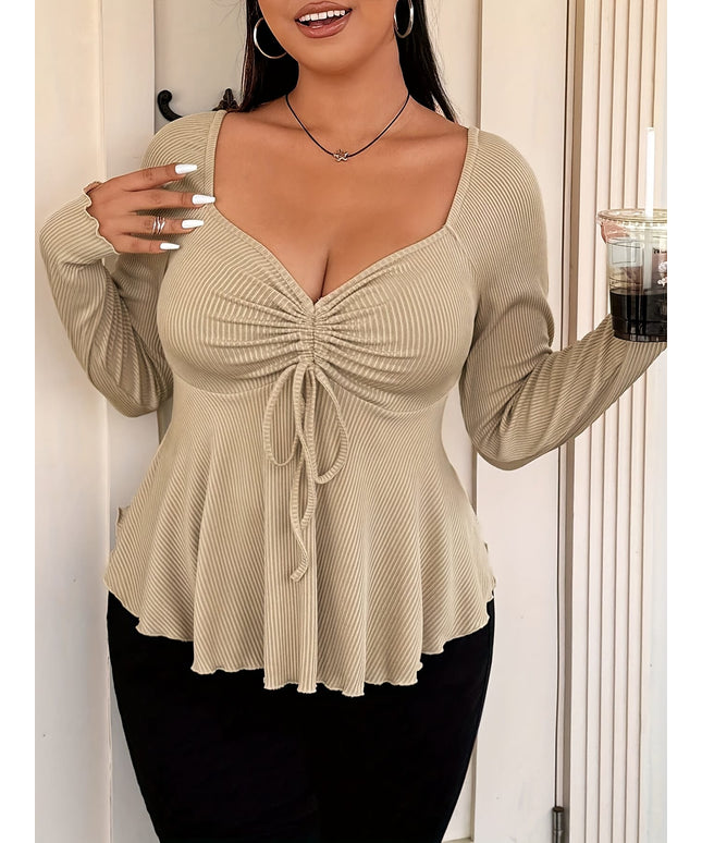 jkthpu-45 Plus Size Sweetheart Drawstring Long Sleeve Top