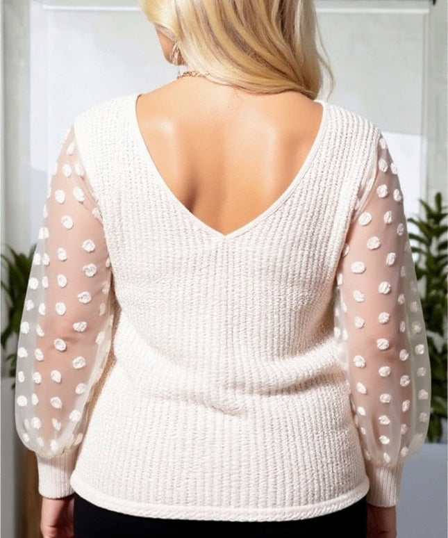 KissICON Plus Size Swiss Dot Lantern Sleeve Ruched Side Top