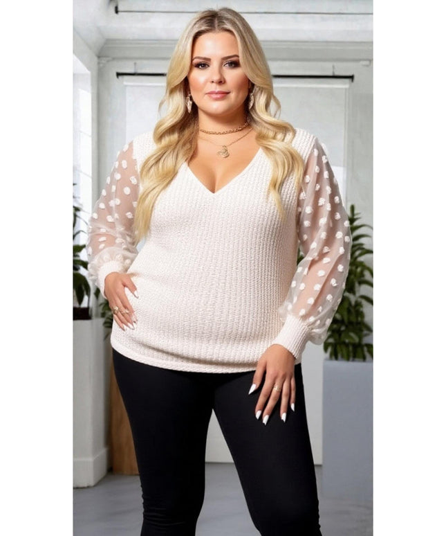 KissICON Plus Size Swiss Dot Lantern Sleeve Ruched Side Top