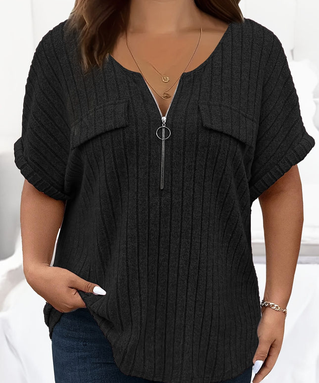 KissICON [Plus Size T-Shirt] Elegant Plus Size Women's Short-Sleeve T-Shirt | with Zipper Pockets And a Loose, Comfortable Fit, for Spring And Summer