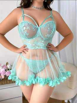 jkthpu-45 Plus Size Teal Lace Nightgown – Ruffled Hem Slip Dress Sleepwear