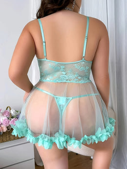 jkthpu-45 Plus Size Teal Lace Nightgown – Ruffled Hem Slip Dress Sleepwear