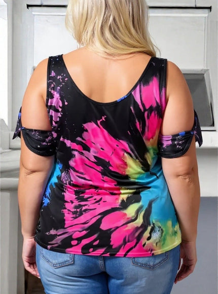 KissICON Plus Size Tie-Dye Cold Shoulder Summer Top