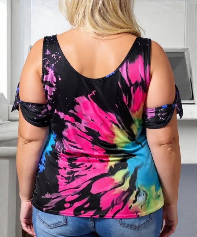 KissICON Plus Size Tie-Dye Cold Shoulder Summer Top
