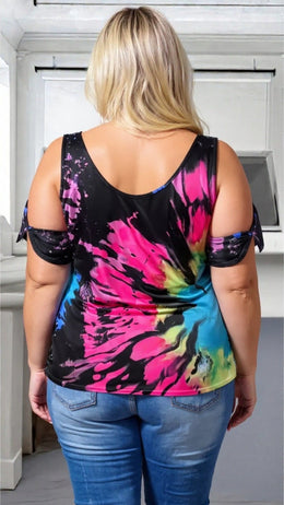 KissICON Plus Size Tie-Dye Cold Shoulder Summer Top