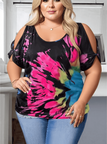 KissICON Plus Size Tie-Dye Cold Shoulder Summer Top