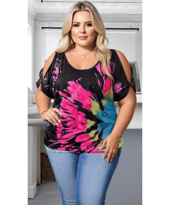 KissICON Plus Size Tie-Dye Cold Shoulder Summer Top