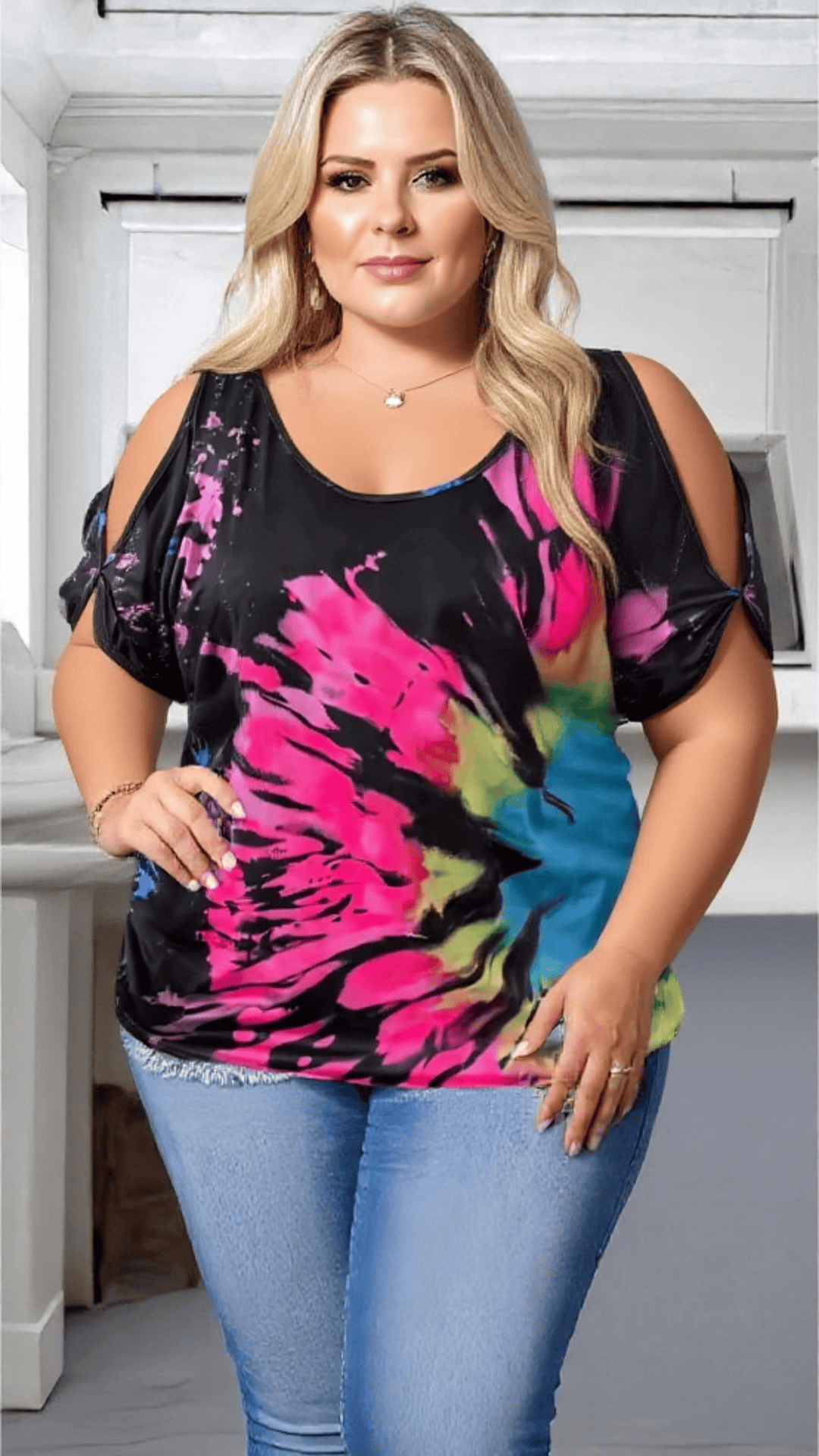 KissICON Plus Size Tie-Dye Cold Shoulder Summer Top