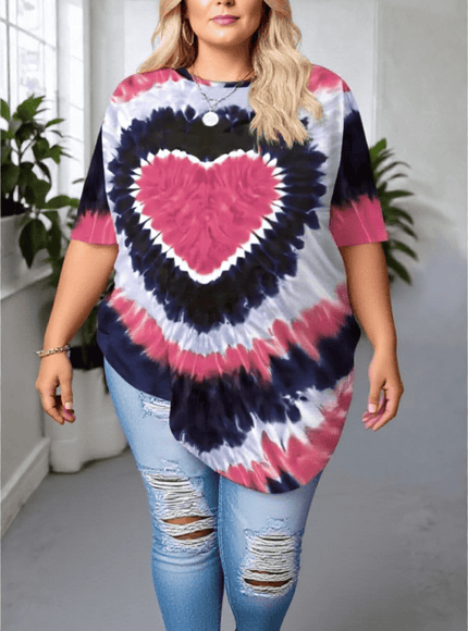 KissICON Plus Size Tie-Dye Heart Print T-Shirt – Casual Short Sleeve Top