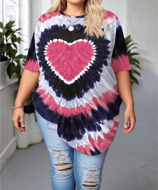 KissICON Plus Size Tie-Dye Heart Print T-Shirt – Casual Short Sleeve Top