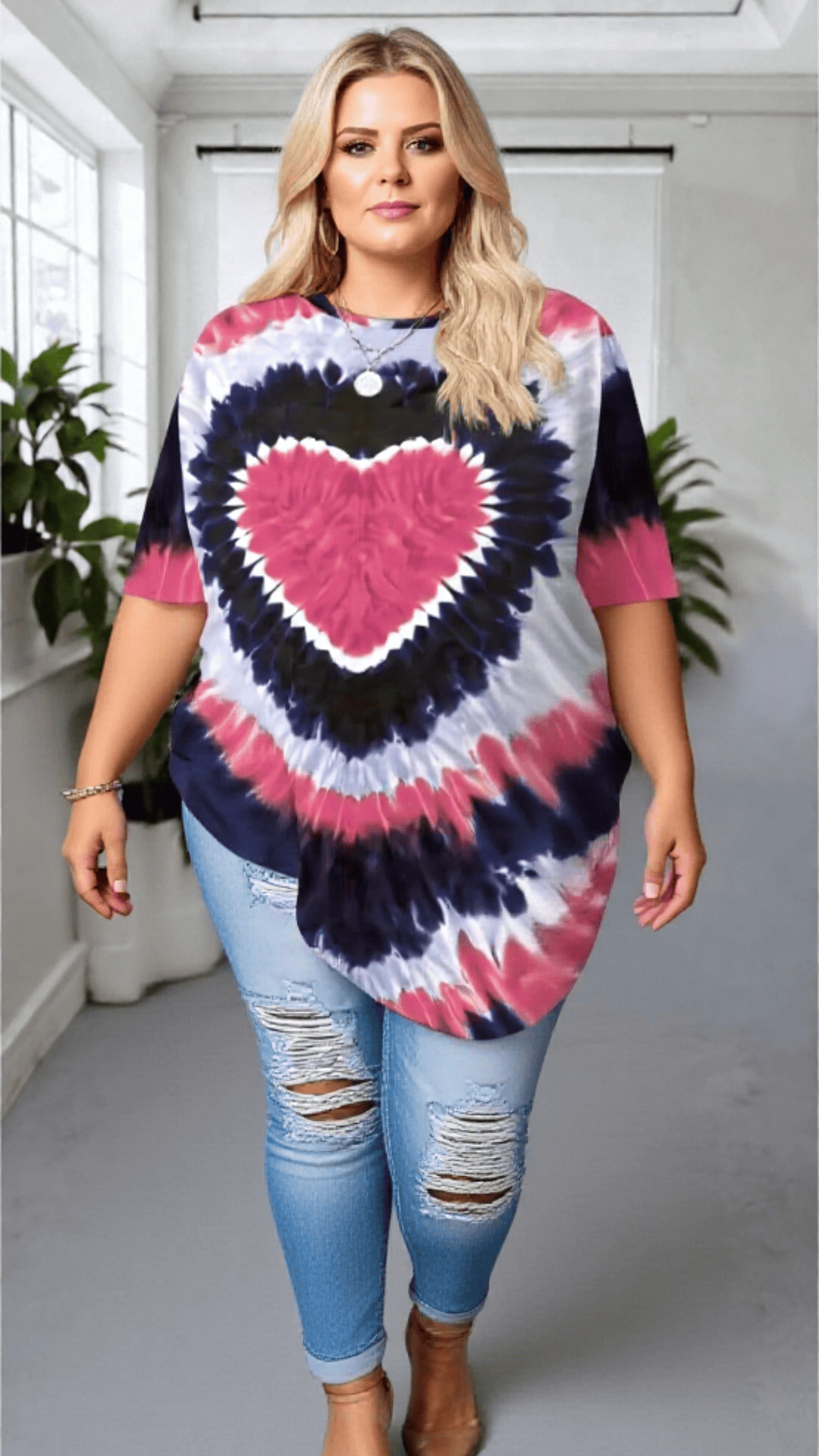 KissICON Plus Size Tie-Dye Heart Print T-Shirt – Casual Short Sleeve Top