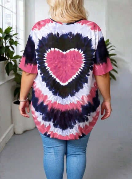 KissICON Plus Size Tie-Dye Heart Print T-Shirt – Casual Short Sleeve Top