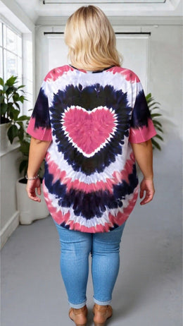 KissICON Plus Size Tie-Dye Heart Print T-Shirt – Casual Short Sleeve Top