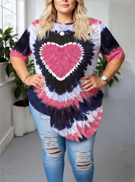 KissICON Plus Size Tie-Dye Heart Print T-Shirt – Casual Short Sleeve Top