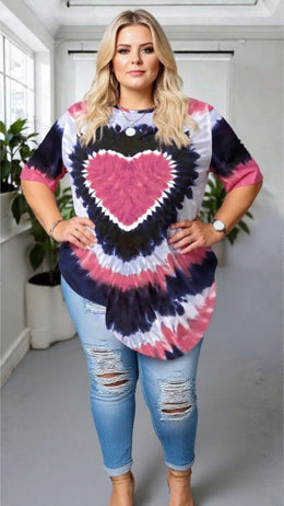 KissICON Plus Size Tie-Dye Heart Print T-Shirt – Casual Short Sleeve Top