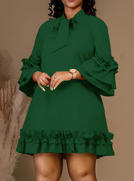 jkthpu-45 Plus Size Tie Neck Tunic Dress - 3/4 Sleeve, Ruffle Trim, Slight Stretch, Solid Color, Polyester, Perfect for Wedding, Graduation, Engagement, Party, Holiday, Vacation, Birthday Celebrations
