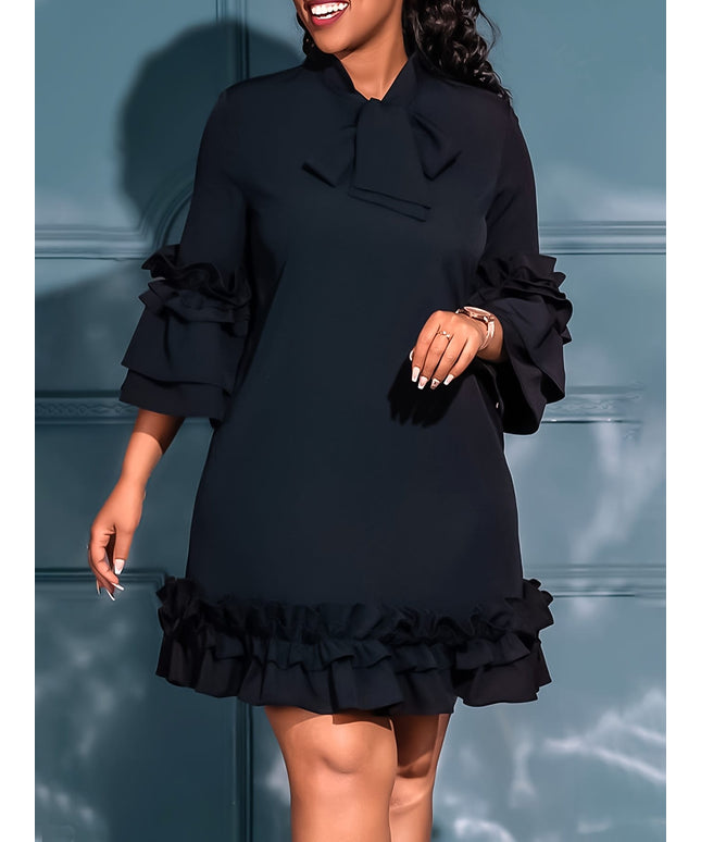 jkthpu-45 Plus Size Tie Neck Tunic Dress - 3/4 Sleeve, Ruffle Trim, Slight Stretch, Solid Color, Polyester, Perfect for Wedding, Graduation, Engagement, Party, Holiday, Vacation, Birthday Celebrations