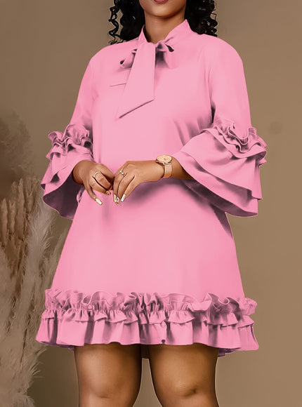 jkthpu-45 Plus Size Tie Neck Tunic Dress - 3/4 Sleeve, Ruffle Trim, Slight Stretch, Solid Color, Polyester, Perfect for Wedding, Graduation, Engagement, Party, Holiday, Vacation, Birthday Celebrations