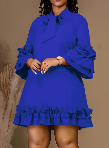 jkthpu-45 Plus Size Tie Neck Tunic Dress - 3/4 Sleeve, Ruffle Trim, Slight Stretch, Solid Color, Polyester, Perfect for Wedding, Graduation, Engagement, Party, Holiday, Vacation, Birthday Celebrations
