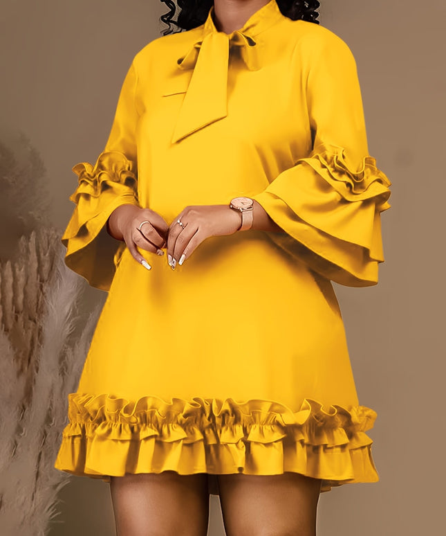 jkthpu-45 Plus Size Tie Neck Tunic Dress - 3/4 Sleeve, Ruffle Trim, Slight Stretch, Solid Color, Polyester, Perfect for Wedding, Graduation, Engagement, Party, Holiday, Vacation, Birthday Celebrations