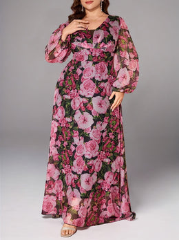 jkthpu-45 Plus Size - TOLEEN Plus Size Women'S Elegant Floral Print Maxi Dress - Heart Neck, Lantern Sleeves, Flowy Long Dress with Vibrant Pink Roses & Green Foliage Design, Perfect for Spring & Summer, Floral Dress