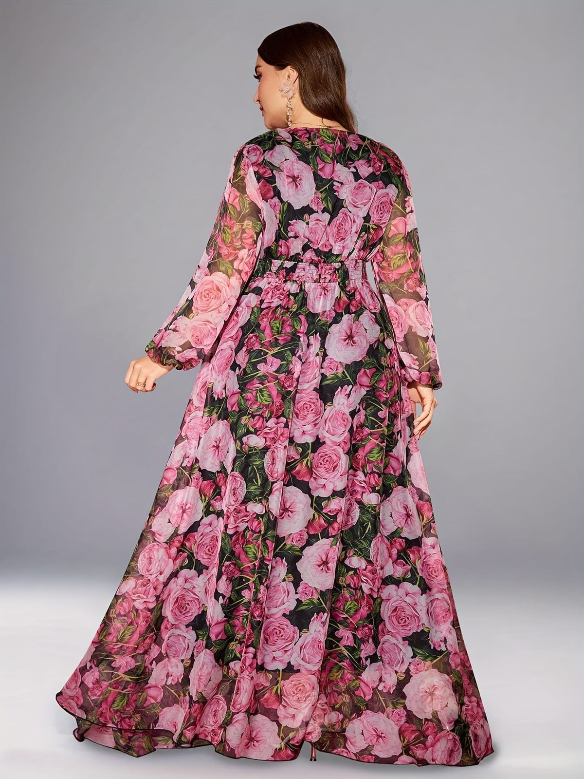 jkthpu-45 Plus Size - TOLEEN Plus Size Women'S Elegant Floral Print Maxi Dress - Heart Neck, Lantern Sleeves, Flowy Long Dress with Vibrant Pink Roses & Green Foliage Design, Perfect for Spring & Summer, Floral Dress