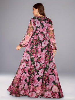 jkthpu-45 Plus Size - TOLEEN Plus Size Women'S Elegant Floral Print Maxi Dress - Heart Neck, Lantern Sleeves, Flowy Long Dress with Vibrant Pink Roses & Green Foliage Design, Perfect for Spring & Summer, Floral Dress