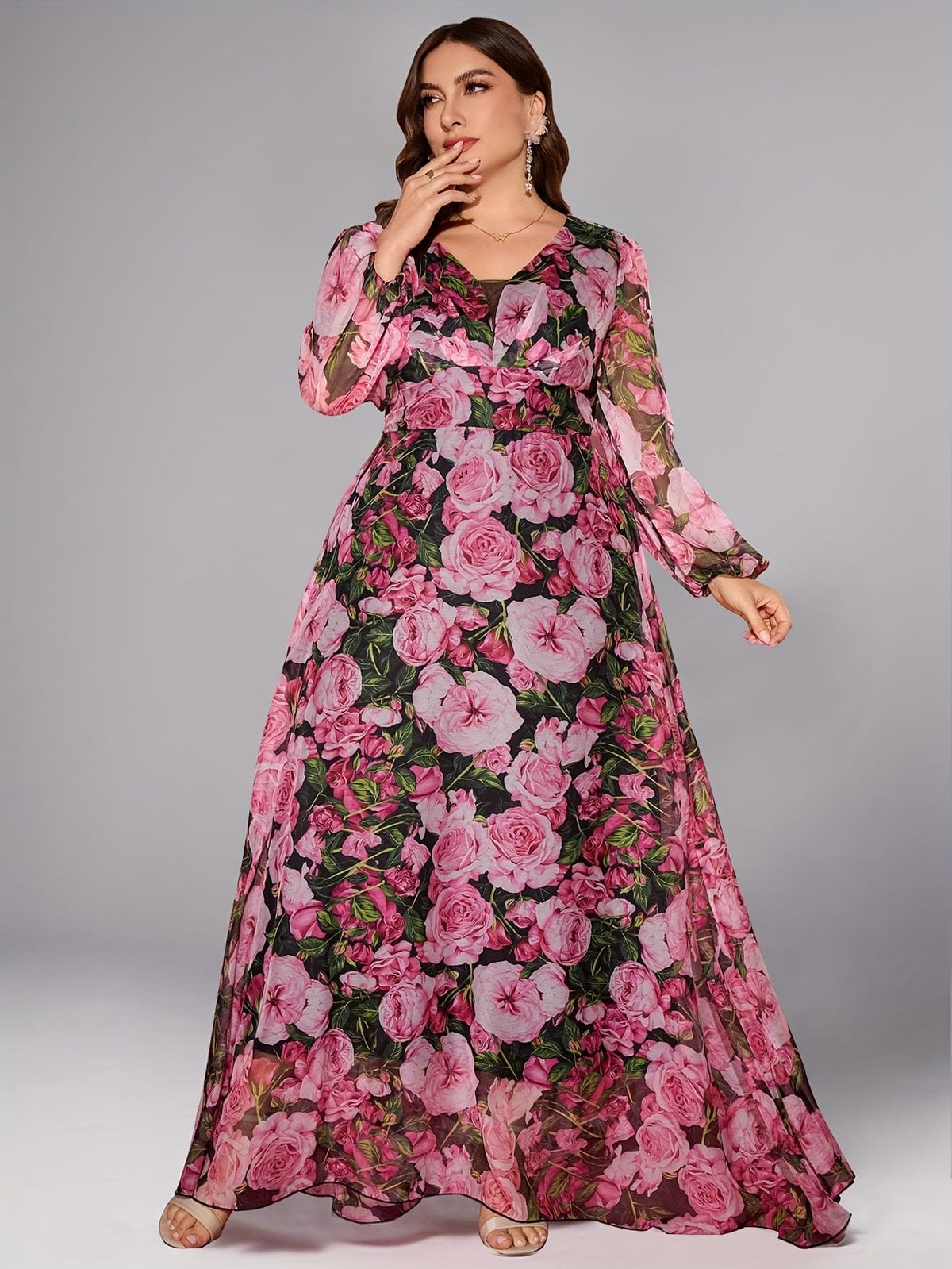 jkthpu-45 Plus Size - TOLEEN Plus Size Women'S Elegant Floral Print Maxi Dress - Heart Neck, Lantern Sleeves, Flowy Long Dress with Vibrant Pink Roses & Green Foliage Design, Perfect for Spring & Summer, Floral Dress
