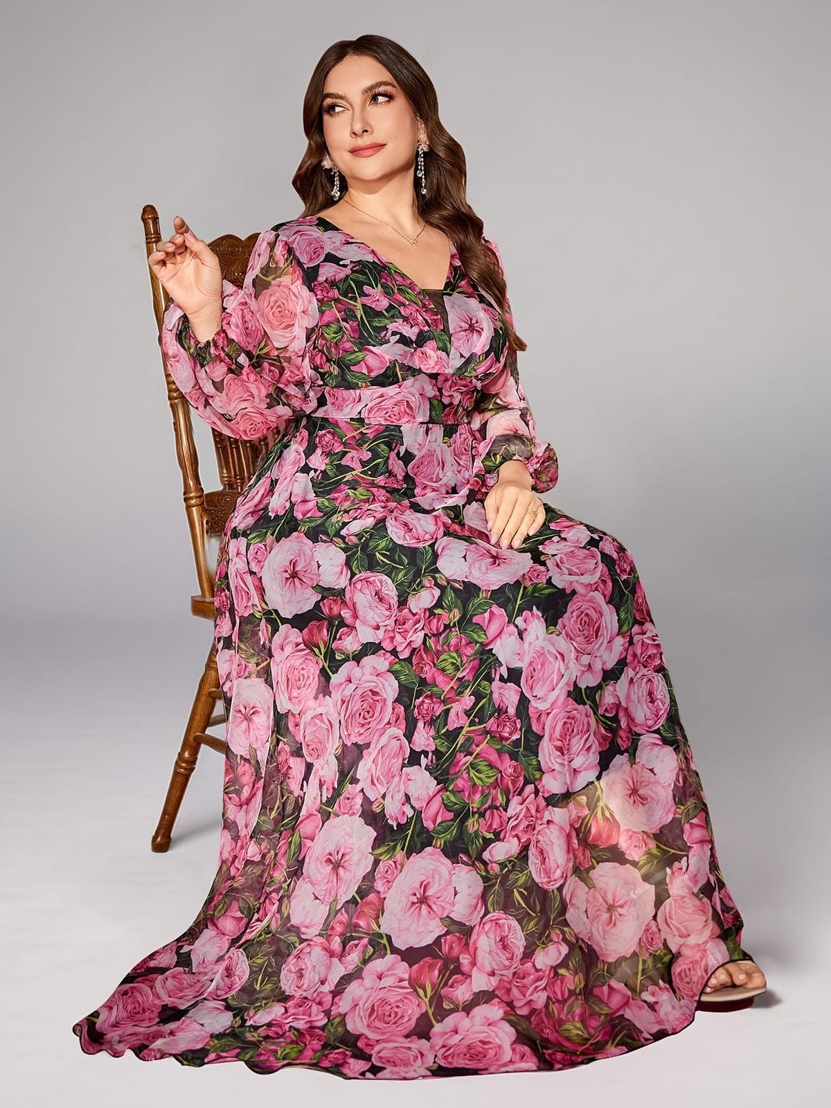jkthpu-45 Plus Size - TOLEEN Plus Size Women'S Elegant Floral Print Maxi Dress - Heart Neck, Lantern Sleeves, Flowy Long Dress with Vibrant Pink Roses & Green Foliage Design, Perfect for Spring & Summer, Floral Dress