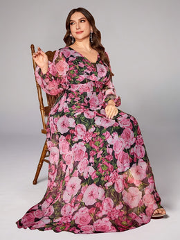 jkthpu-45 Plus Size - TOLEEN Plus Size Women'S Elegant Floral Print Maxi Dress - Heart Neck, Lantern Sleeves, Flowy Long Dress with Vibrant Pink Roses & Green Foliage Design, Perfect for Spring & Summer, Floral Dress
