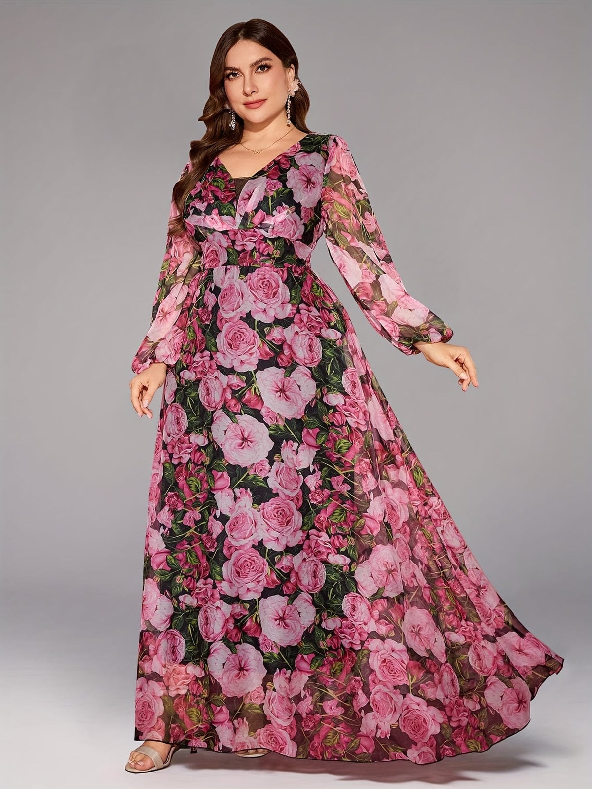 jkthpu-45 Plus Size - TOLEEN Plus Size Women'S Elegant Floral Print Maxi Dress - Heart Neck, Lantern Sleeves, Flowy Long Dress with Vibrant Pink Roses & Green Foliage Design, Perfect for Spring & Summer, Floral Dress