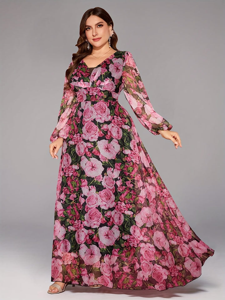 Plus Size - TOLEEN Plus Size Women'S Elegant Floral Print Maxi Dress - Heart Neck, Lantern Sleeves, Flowy Long Dress with Vibrant Pink Roses & Green Foliage Design, Perfect for Spring & Summer, Floral Dress