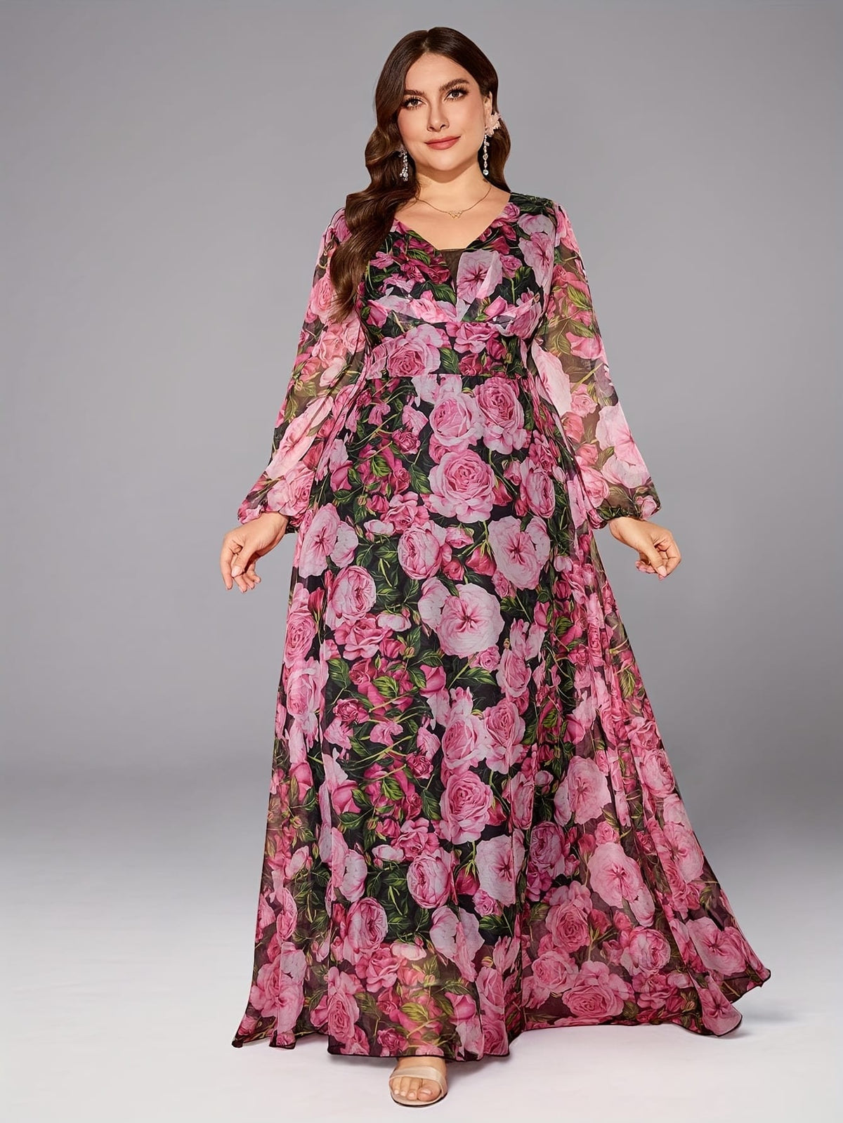 jkthpu-45 Plus Size - TOLEEN Plus Size Women'S Elegant Floral Print Maxi Dress - Heart Neck, Lantern Sleeves, Flowy Long Dress with Vibrant Pink Roses & Green Foliage Design, Perfect for Spring & Summer, Floral Dress