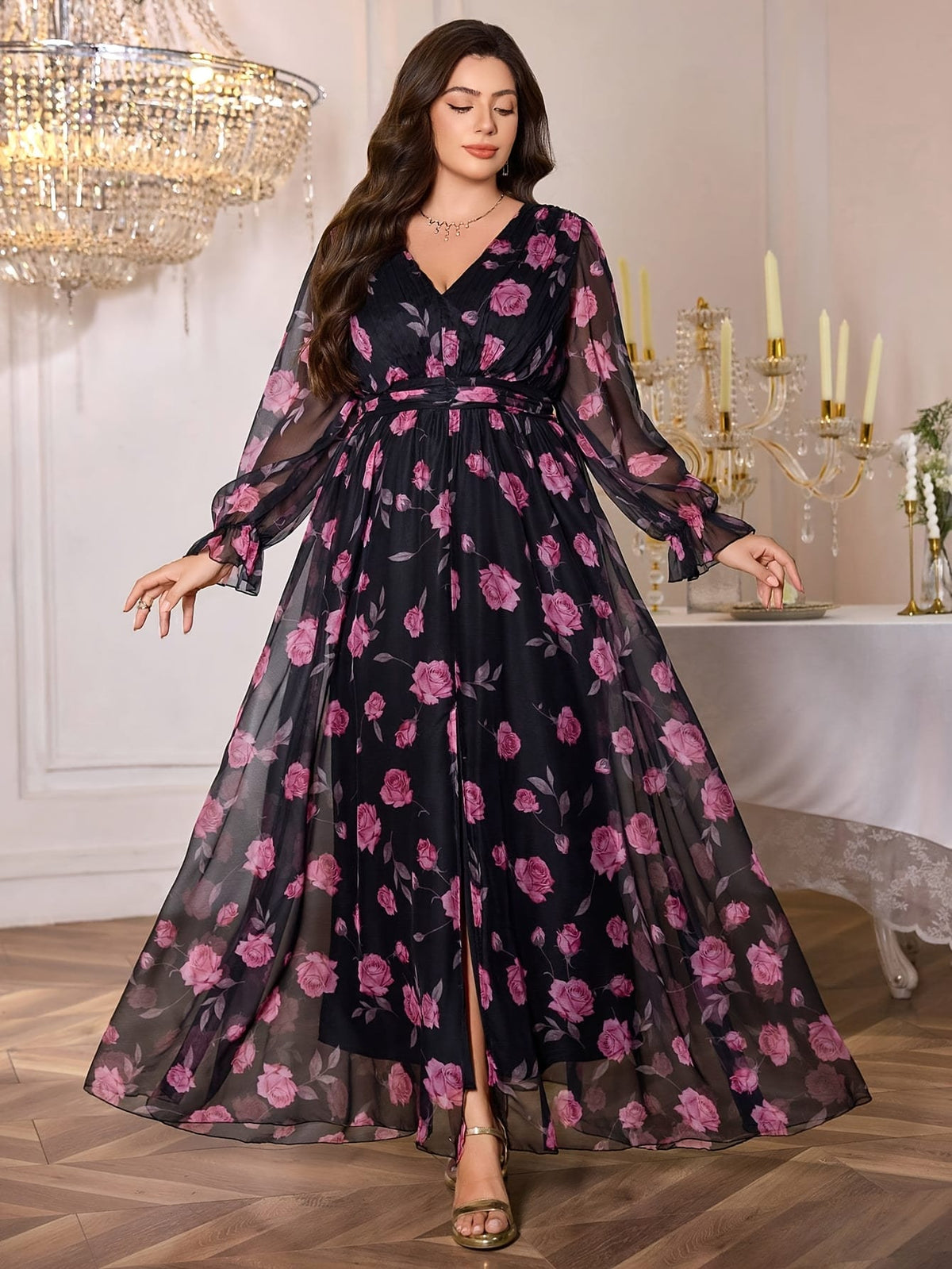 jkthpu-45 Plus Size, TOLEEN Women's Elegant Deep V-Neck Maxi Dress with Puff Sleeve & Floral Print - Floor-Length Formal Party Wedding Evening Gown, Hand Washable All-Season Long Dress in Black & Purple Floral Pattern, Structured Fitted Silhouette with Chest Ruffle