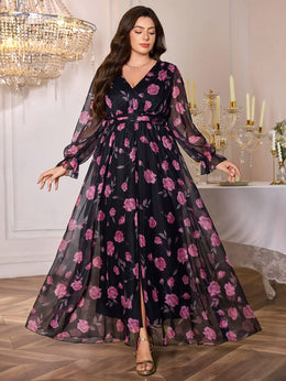 jkthpu-45 Plus Size, TOLEEN Women's Elegant Deep V-Neck Maxi Dress with Puff Sleeve & Floral Print - Floor-Length Formal Party Wedding Evening Gown, Hand Washable All-Season Long Dress in Black & Purple Floral Pattern, Structured Fitted Silhouette with Chest Ruffle
