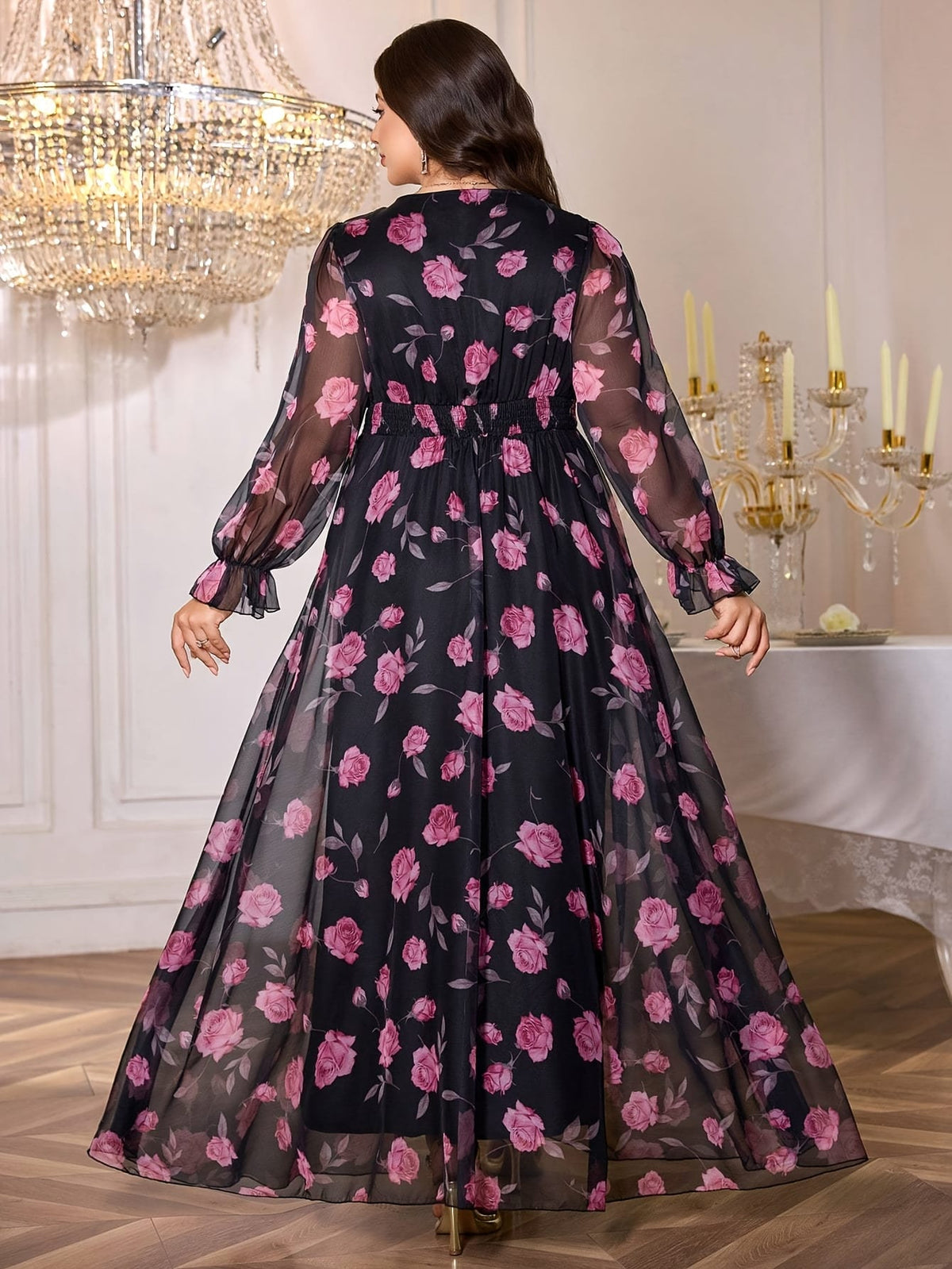 jkthpu-45 Plus Size, TOLEEN Women's Elegant Deep V-Neck Maxi Dress with Puff Sleeve & Floral Print - Floor-Length Formal Party Wedding Evening Gown, Hand Washable All-Season Long Dress in Black & Purple Floral Pattern, Structured Fitted Silhouette with Chest Ruffle