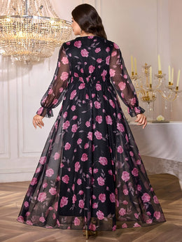 jkthpu-45 Plus Size, TOLEEN Women's Elegant Deep V-Neck Maxi Dress with Puff Sleeve & Floral Print - Floor-Length Formal Party Wedding Evening Gown, Hand Washable All-Season Long Dress in Black & Purple Floral Pattern, Structured Fitted Silhouette with Chest Ruffle