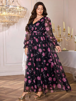 jkthpu-45 Plus Size, TOLEEN Women's Elegant Deep V-Neck Maxi Dress with Puff Sleeve & Floral Print - Floor-Length Formal Party Wedding Evening Gown, Hand Washable All-Season Long Dress in Black & Purple Floral Pattern, Structured Fitted Silhouette with Chest Ruffle