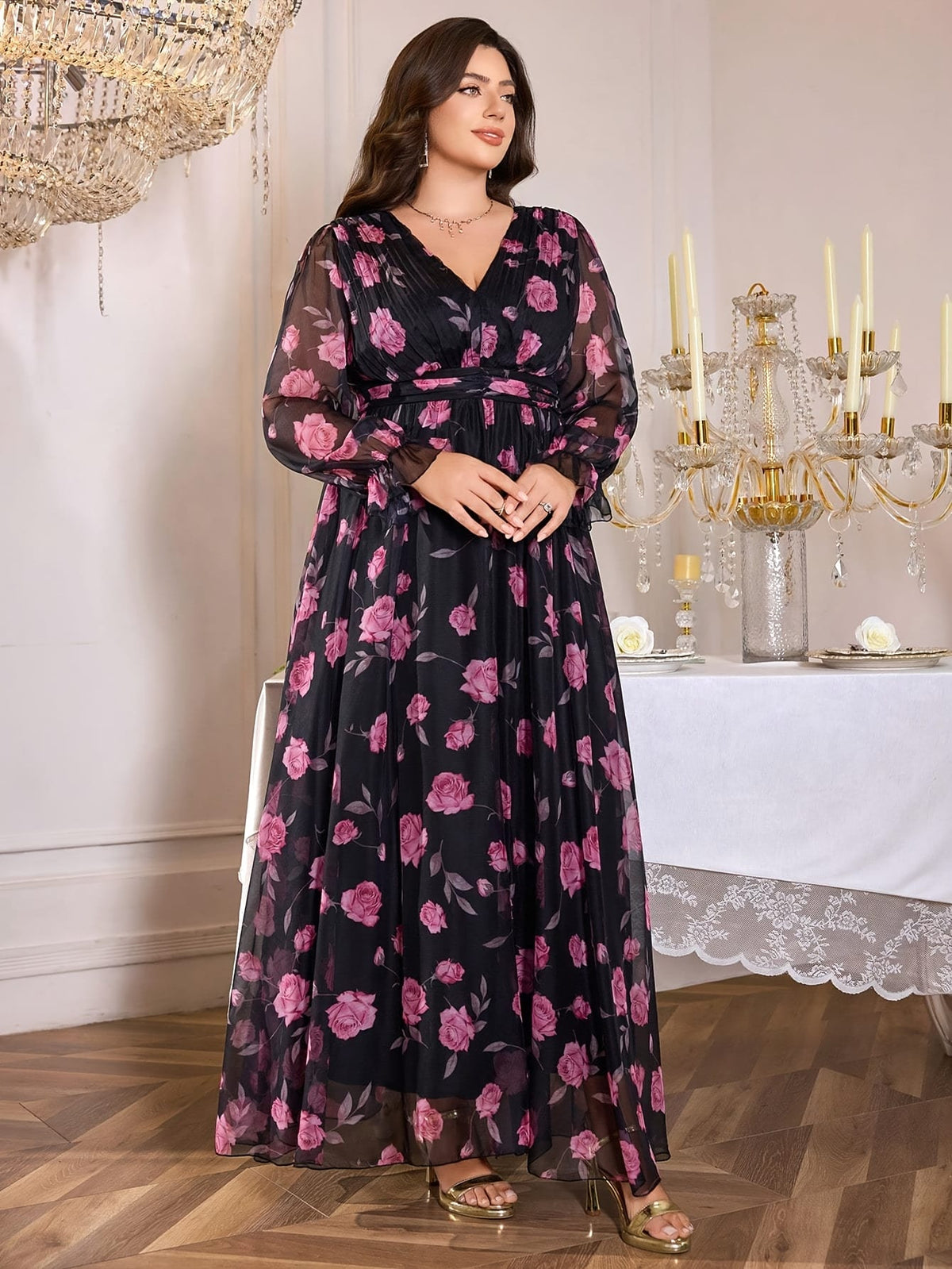 jkthpu-45 Plus Size, TOLEEN Women's Elegant Deep V-Neck Maxi Dress with Puff Sleeve & Floral Print - Floor-Length Formal Party Wedding Evening Gown, Hand Washable All-Season Long Dress in Black & Purple Floral Pattern, Structured Fitted Silhouette with Chest Ruffle