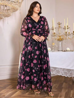 jkthpu-45 Plus Size, TOLEEN Women's Elegant Deep V-Neck Maxi Dress with Puff Sleeve & Floral Print - Floor-Length Formal Party Wedding Evening Gown, Hand Washable All-Season Long Dress in Black & Purple Floral Pattern, Structured Fitted Silhouette with Chest Ruffle