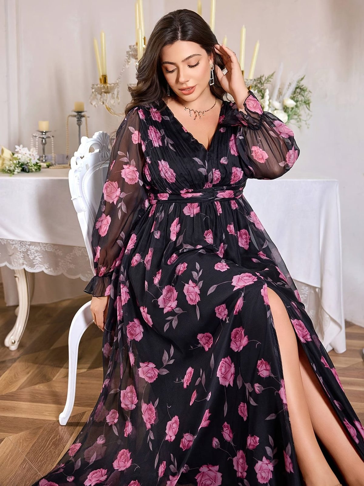 jkthpu-45 Plus Size, TOLEEN Women's Elegant Deep V-Neck Maxi Dress with Puff Sleeve & Floral Print - Floor-Length Formal Party Wedding Evening Gown, Hand Washable All-Season Long Dress in Black & Purple Floral Pattern, Structured Fitted Silhouette with Chest Ruffle