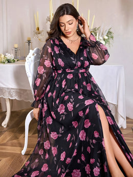 jkthpu-45 Plus Size, TOLEEN Women's Elegant Deep V-Neck Maxi Dress with Puff Sleeve & Floral Print - Floor-Length Formal Party Wedding Evening Gown, Hand Washable All-Season Long Dress in Black & Purple Floral Pattern, Structured Fitted Silhouette with Chest Ruffle